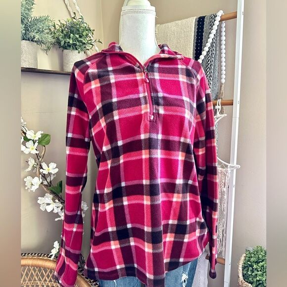 Eddie Bauer Pink/Orange Plaid Quarter Zip Fleece Pullover Sweatshirt - Picture 3 of 9